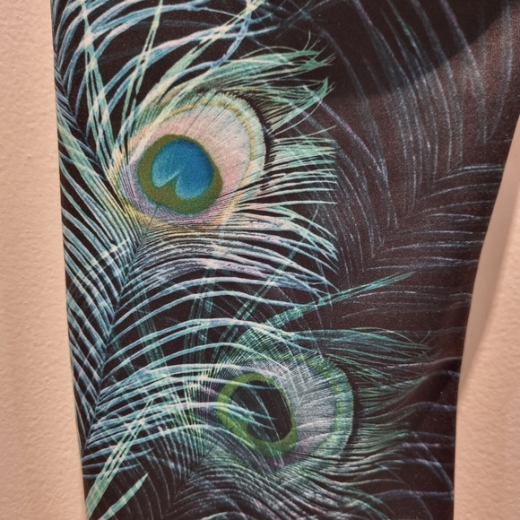 DHARMA BUMS Black Tights/Leggings with Teal Peacock Feather Print, Size XS - Picture 4 of 6